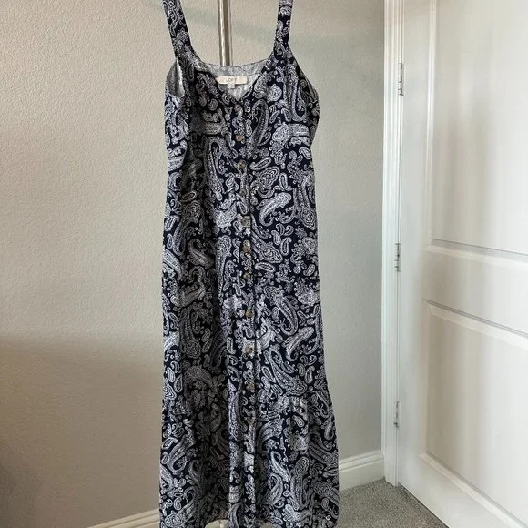 LOFT | Dresses | Loft Paisley Linen Blend Strappy Button Tiered Midi Dress  | Poshmark